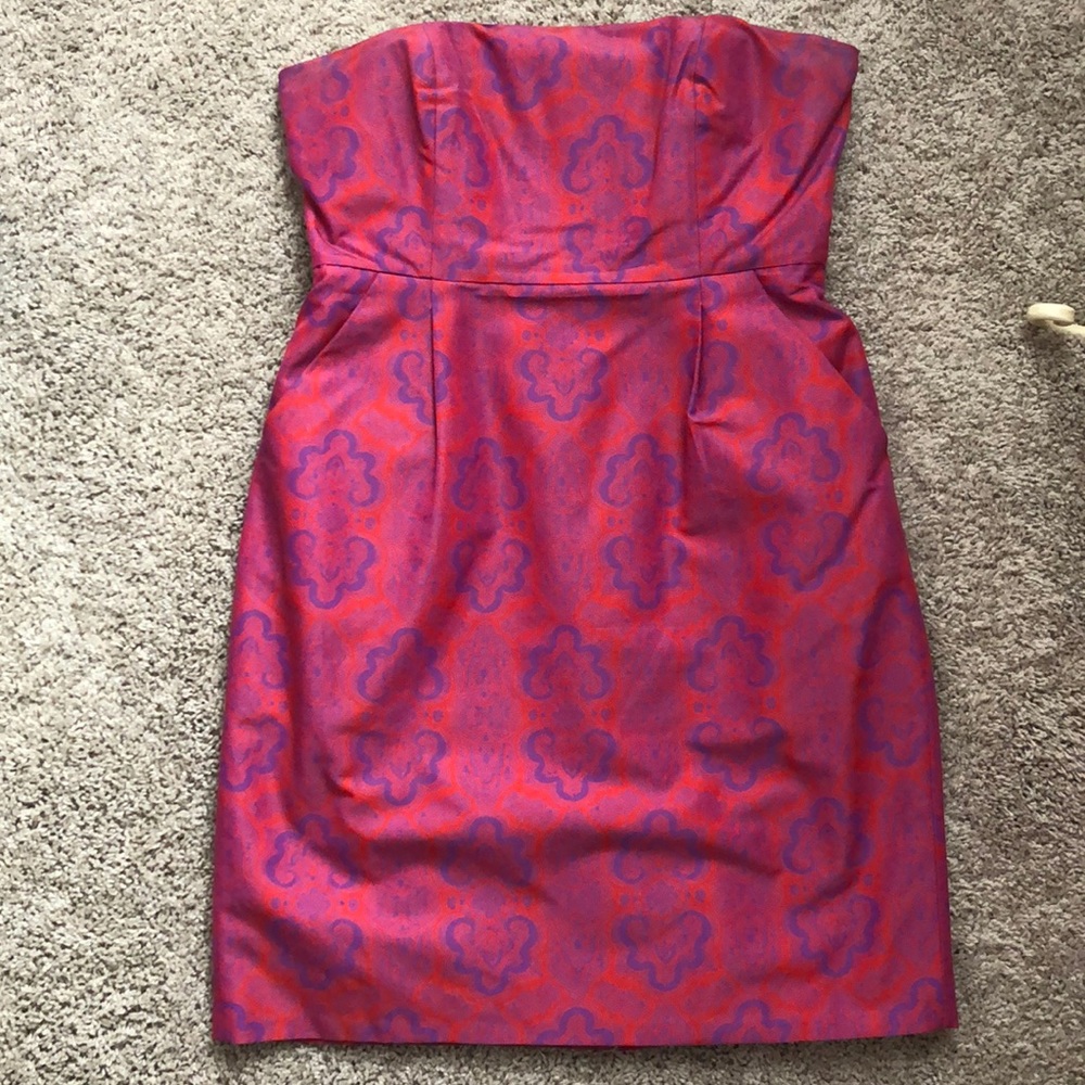 J. Crew strapless patterned dress.